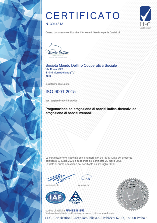 Certificazione ISO 9001 - Società Mondo Delfino Cooperativa Sociale 2023-2026